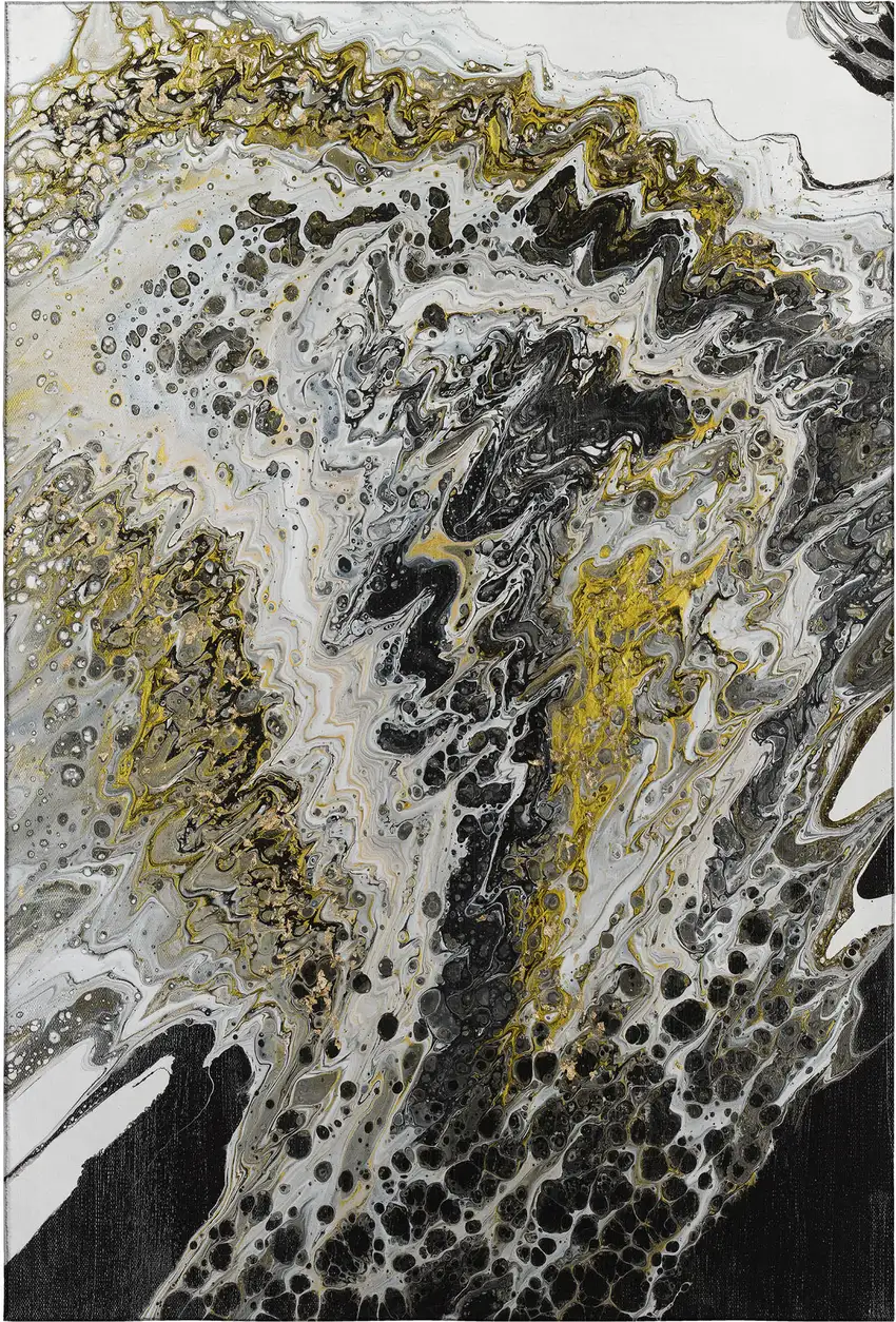 Black Ivory And Gold Abstract Washable Indoor Outdoor Area Rug Photo 2