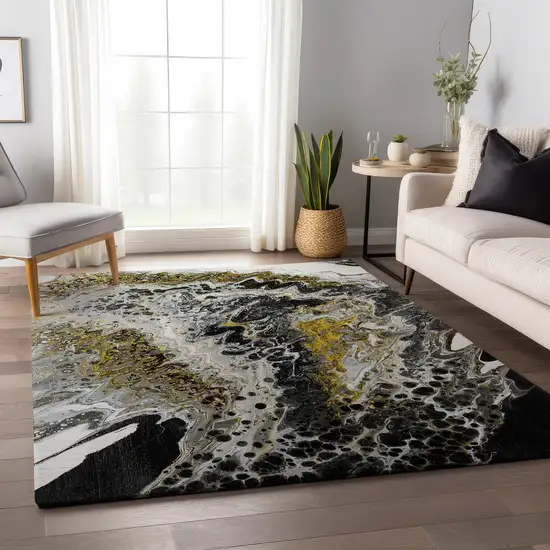 Black Ivory And Gold Abstract Washable Indoor Outdoor Area Rug Photo 6