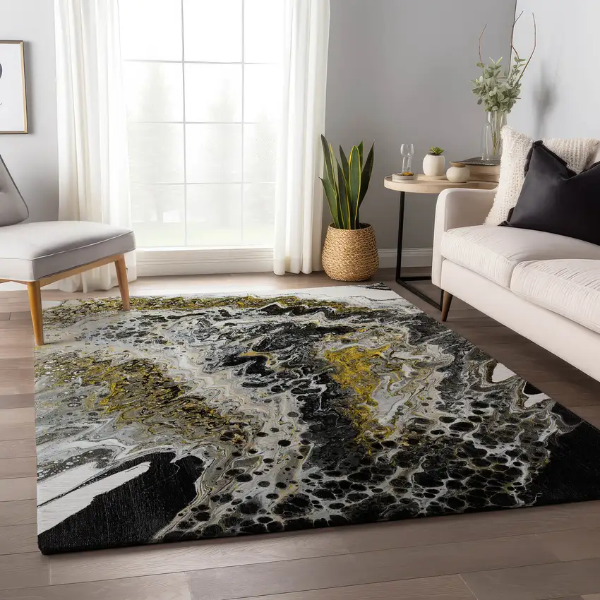 Black Ivory And Gold Abstract Washable Indoor Outdoor Area Rug Photo 6