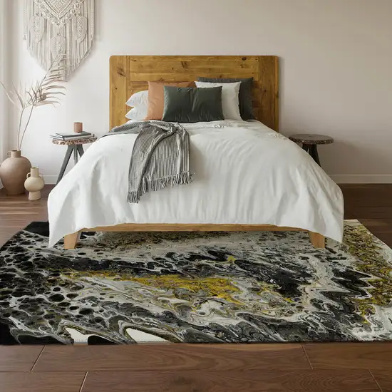 Black Ivory And Gold Abstract Washable Indoor Outdoor Area Rug Photo 7