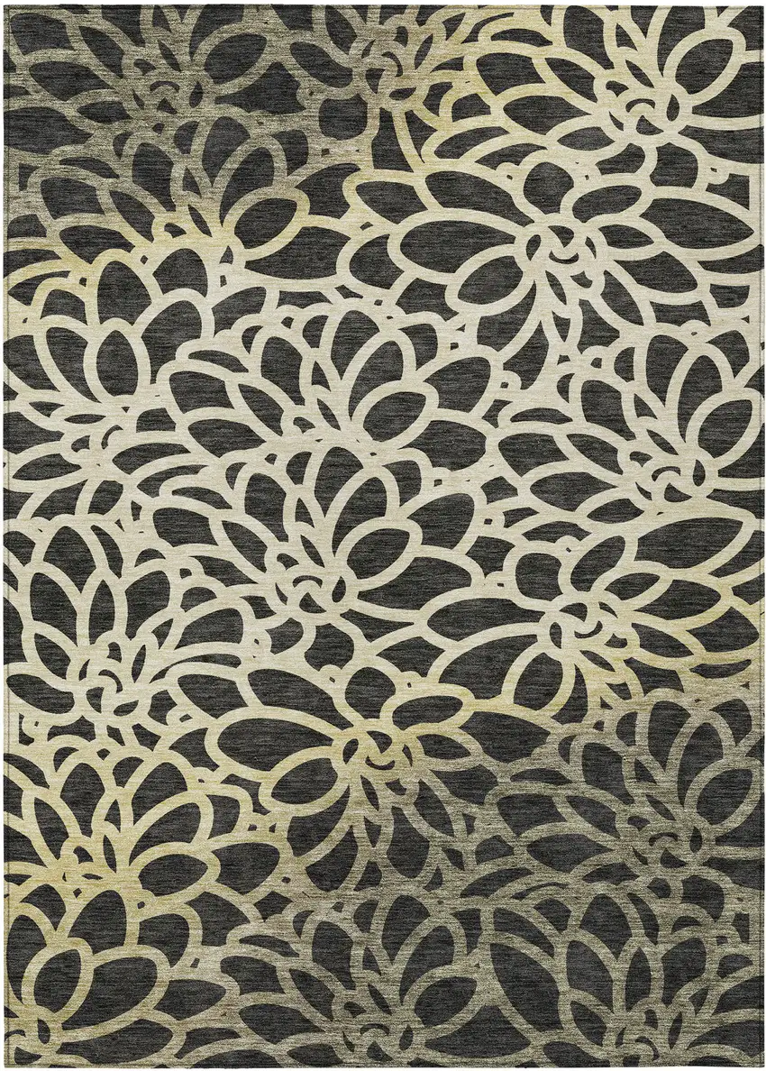 Black Ivory And Gold Botanical Leaves Washable Indoor Outdoor Area Rug Photo 9