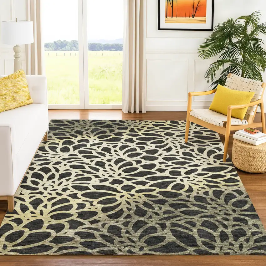 Black Ivory And Gold Botanical Leaves Washable Indoor Outdoor Area Rug Photo 4