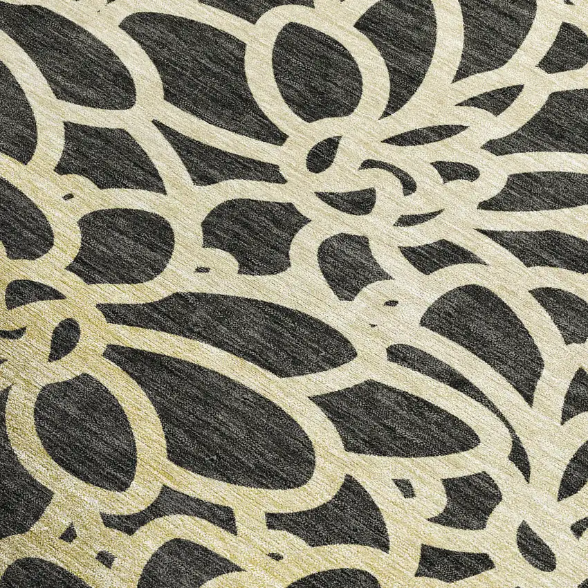 Black Ivory And Gold Botanical Leaves Washable Indoor Outdoor Area Rug Photo 2