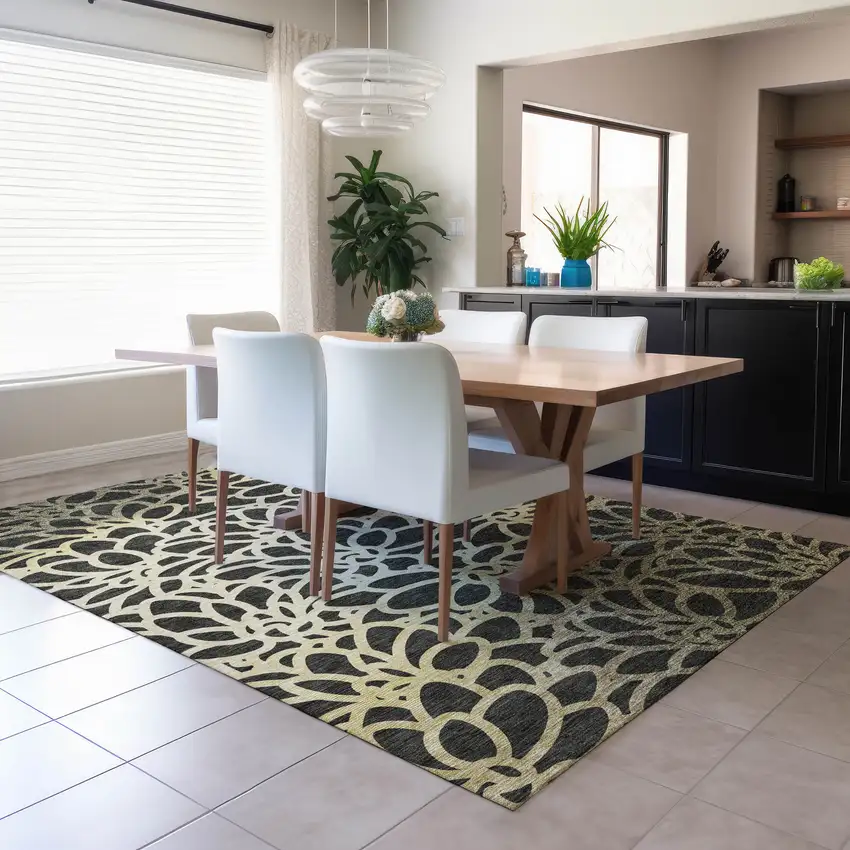 Black Ivory And Gold Botanical Leaves Washable Indoor Outdoor Area Rug Photo 5
