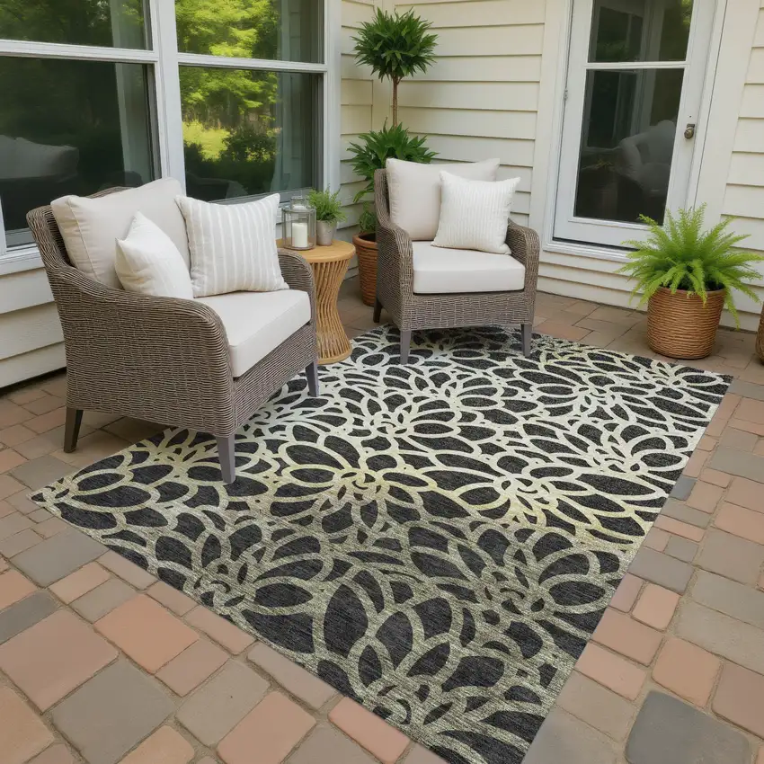 Black Ivory And Gold Botanical Leaves Washable Indoor Outdoor Area Rug Photo 3