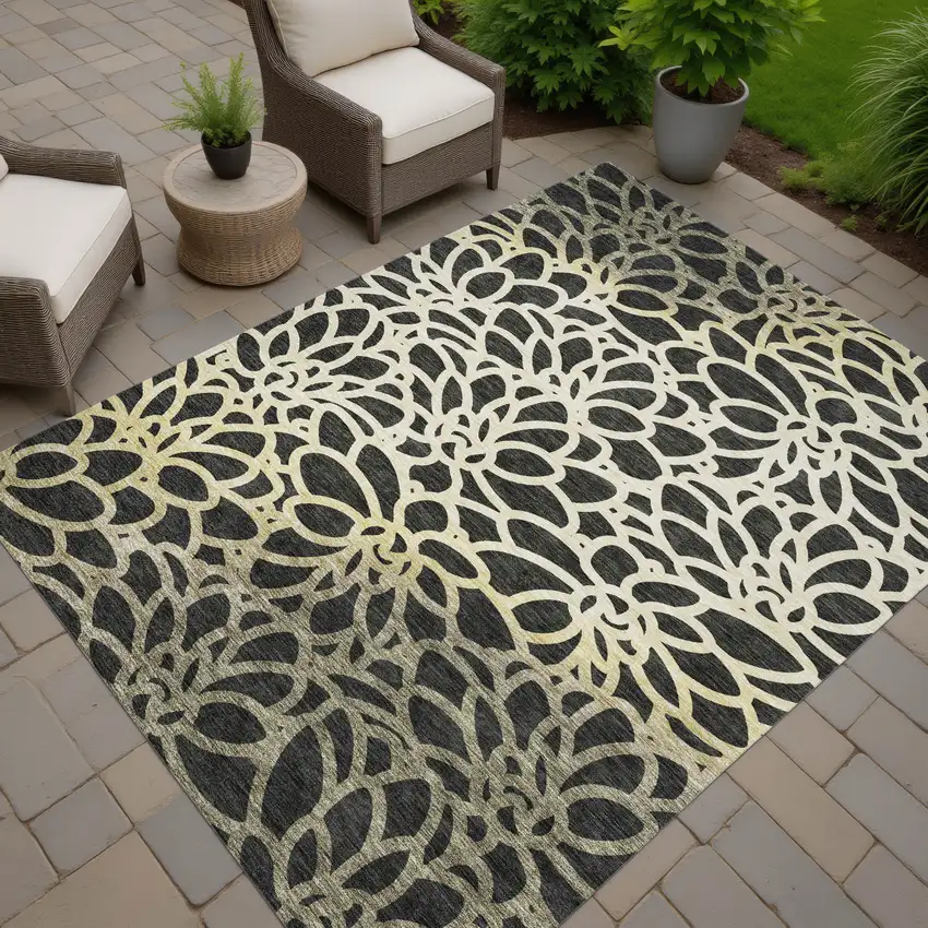 Black Ivory And Gold Botanical Leaves Washable Indoor Outdoor Area Rug Photo 7