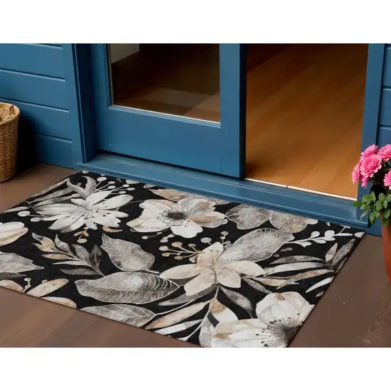 Black Ivory And Gold Floral Washable Indoor Outdoor Area Rug Photo 1