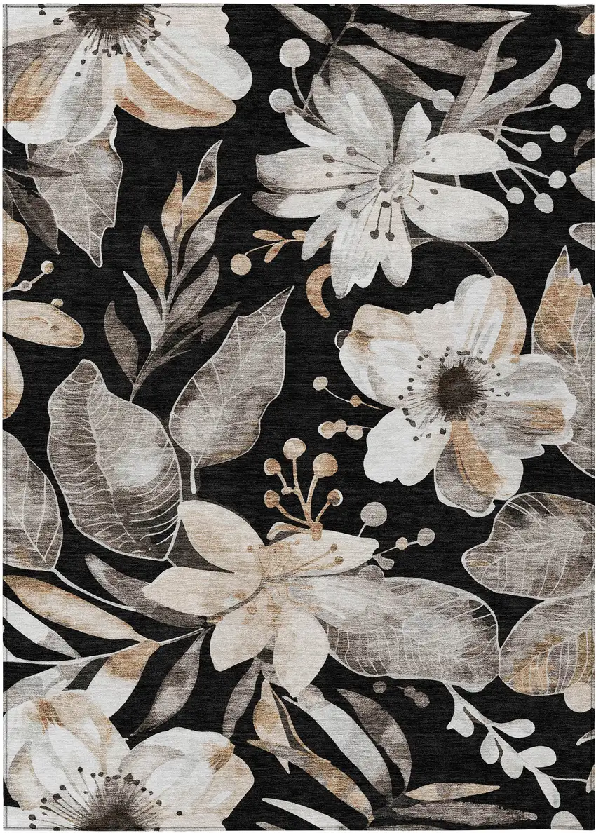 Black Ivory And Gold Floral Washable Indoor Outdoor Area Rug Photo 2