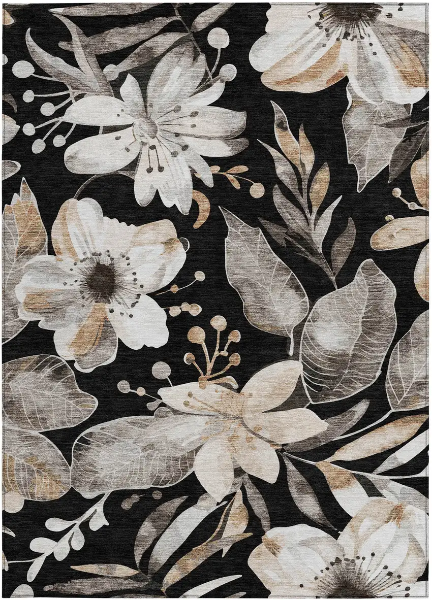 Black Ivory And Gold Floral Washable Indoor Outdoor Area Rug Photo 4