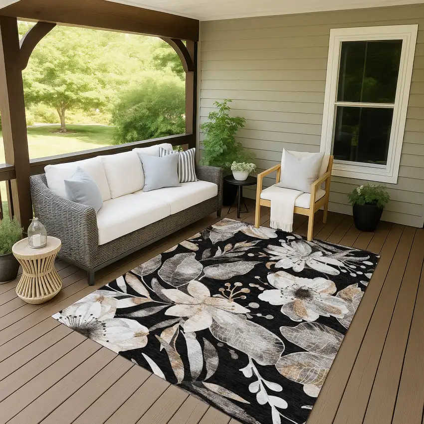 Black Ivory And Gold Floral Washable Indoor Outdoor Area Rug Photo 9