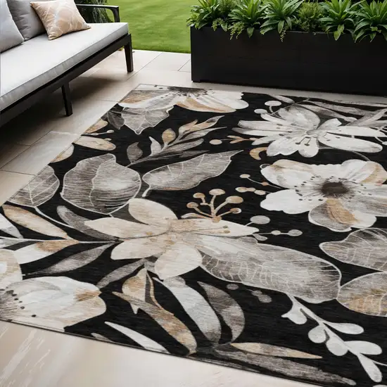Black Ivory And Gold Floral Washable Indoor Outdoor Area Rug Photo 1