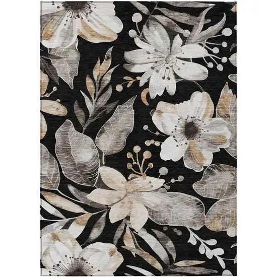 Black Ivory And Gold Floral Washable Indoor Outdoor Area Rug Photo 2