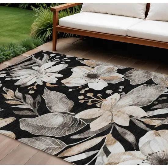 Black Ivory And Gold Floral Washable Indoor Outdoor Area Rug Photo 1