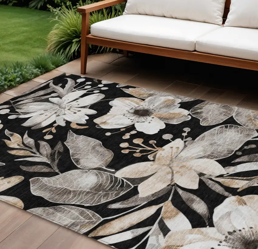 Black Ivory And Gold Floral Washable Indoor Outdoor Area Rug Photo 1