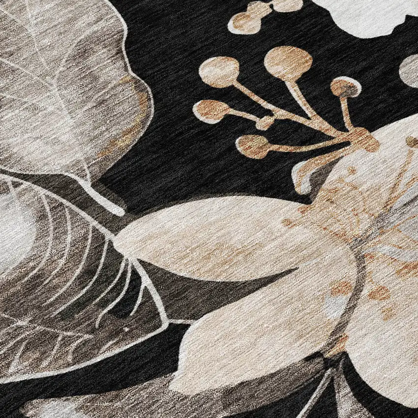 Black Ivory And Gold Floral Washable Indoor Outdoor Area Rug Photo 7