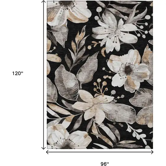 Black Ivory And Gold Floral Washable Indoor Outdoor Area Rug Photo 3