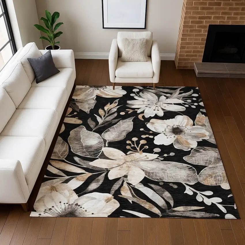 Black Ivory And Gold Floral Washable Indoor Outdoor Area Rug Photo 9