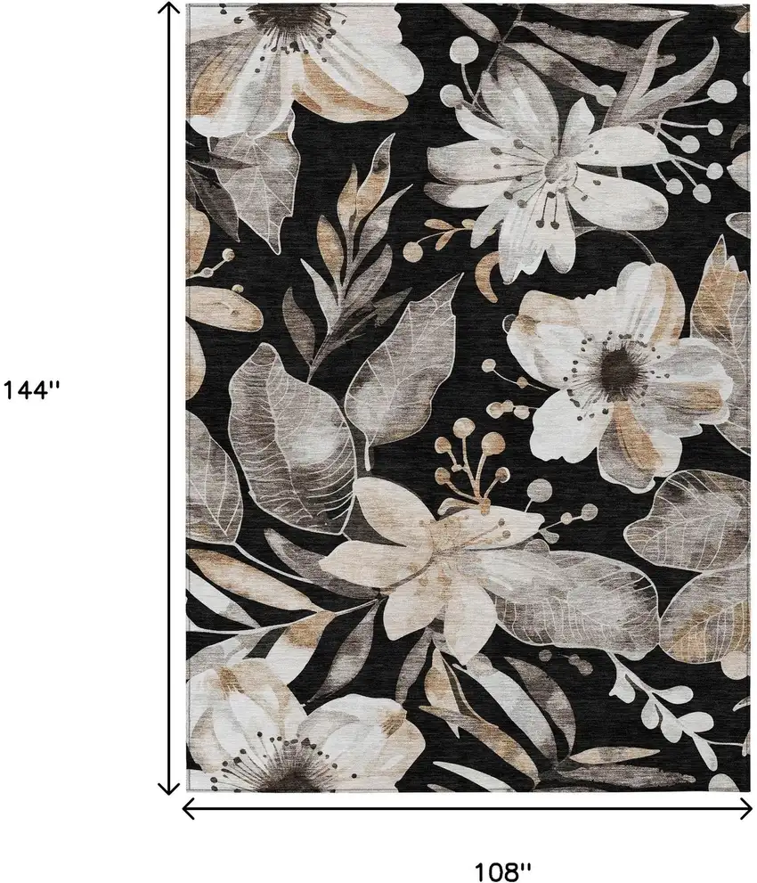 Black Ivory And Gold Floral Washable Indoor Outdoor Area Rug Photo 3