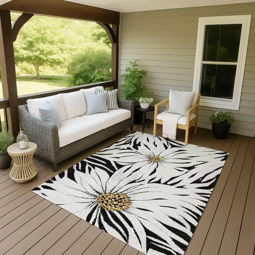 Black Ivory And Gold Floral Washable Indoor Outdoor Area Rug Photo 5