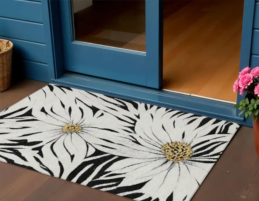 Black Ivory And Gold Floral Washable Indoor Outdoor Area Rug Photo 1