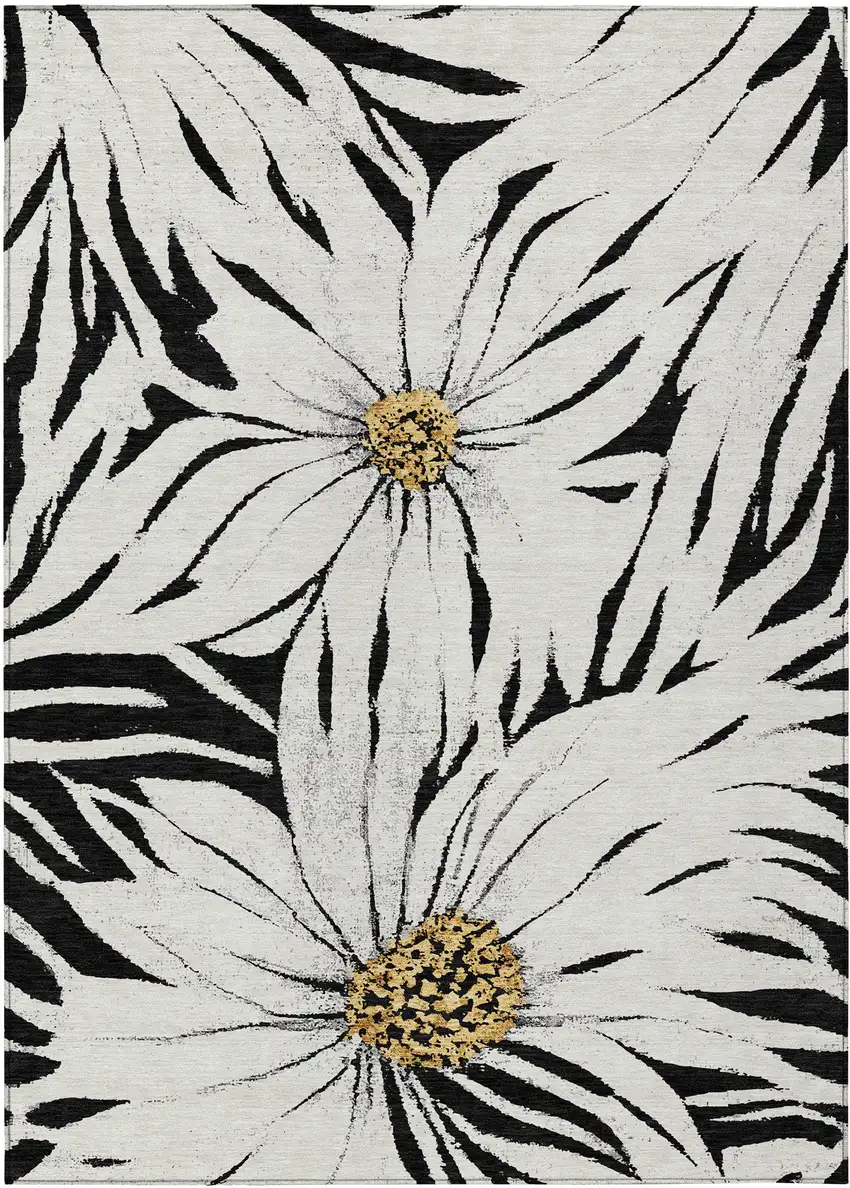 Black Ivory And Gold Floral Washable Indoor Outdoor Area Rug Photo 2