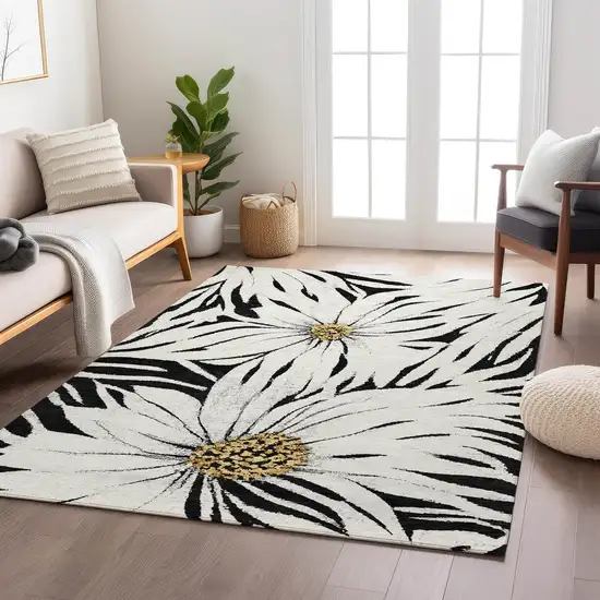 Black Ivory And Gold Floral Washable Indoor Outdoor Area Rug Photo 7