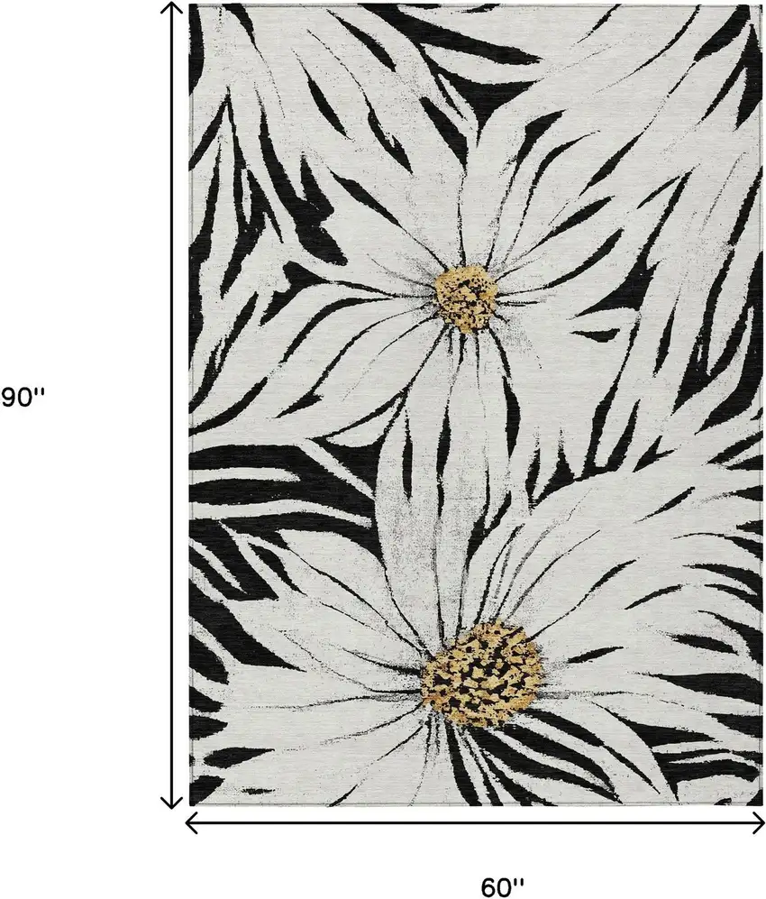 Black Ivory And Gold Floral Washable Indoor Outdoor Area Rug Photo 3