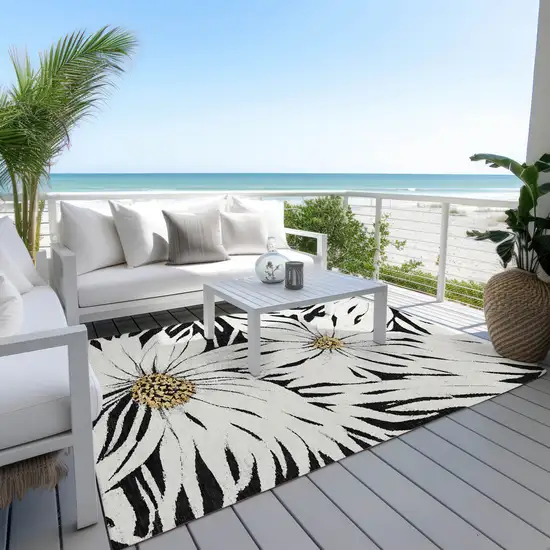 Black Ivory And Gold Floral Washable Indoor Outdoor Area Rug Photo 8