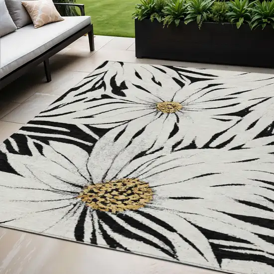 Black Ivory And Gold Floral Washable Indoor Outdoor Area Rug Photo 1