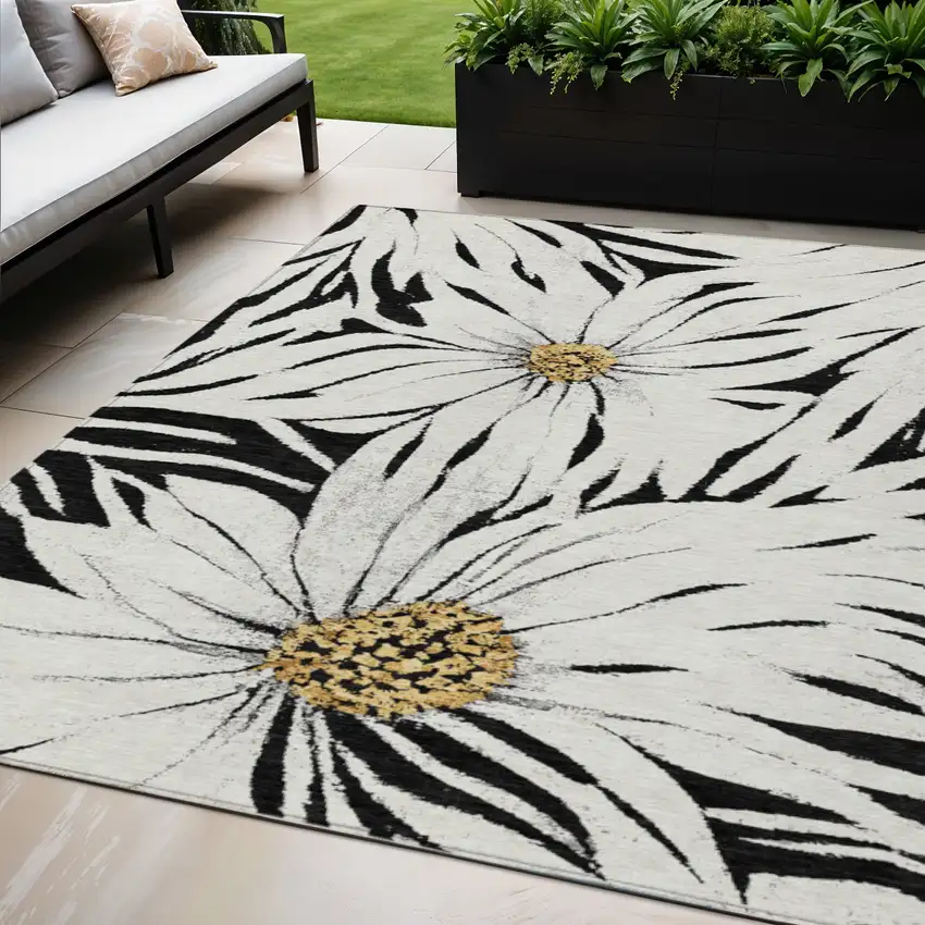 Black Ivory And Gold Floral Washable Indoor Outdoor Area Rug Photo 1