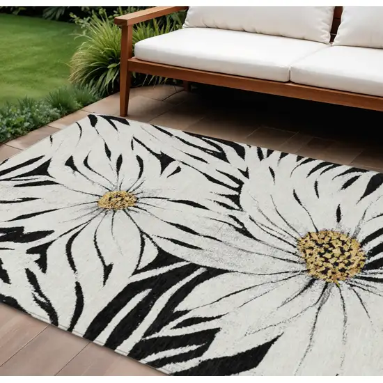 Black Ivory And Gold Floral Washable Indoor Outdoor Area Rug Photo 1