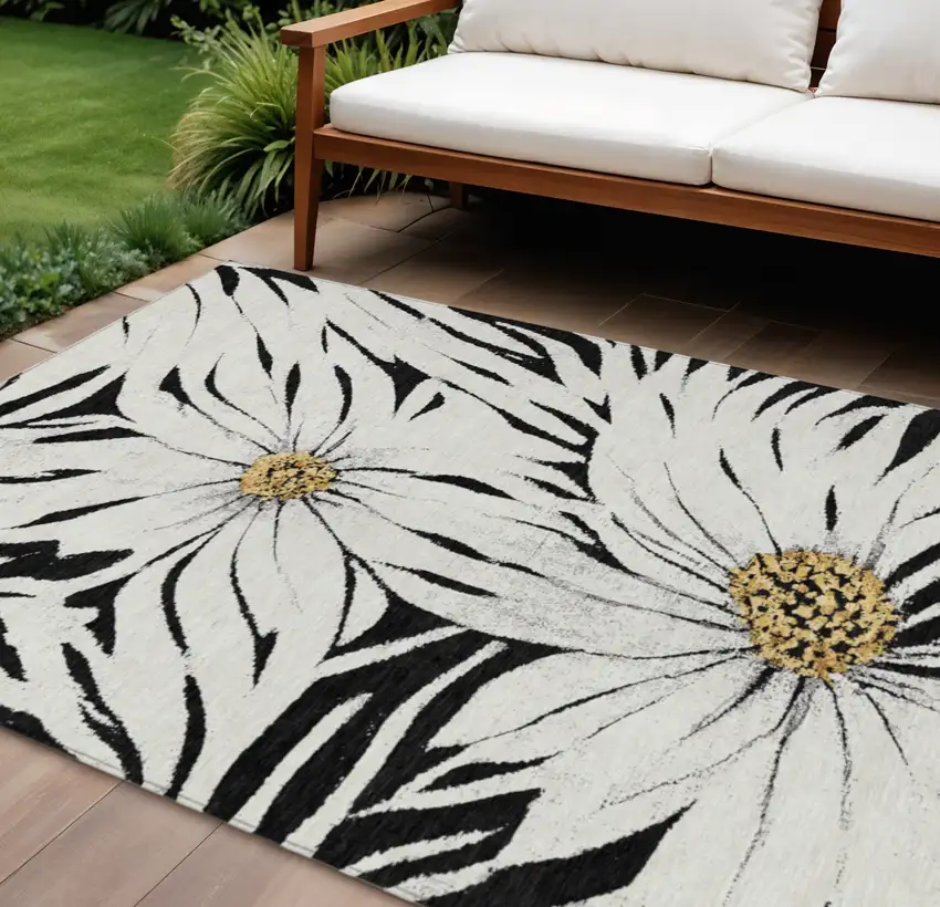 Black Ivory And Gold Floral Washable Indoor Outdoor Area Rug Photo 1