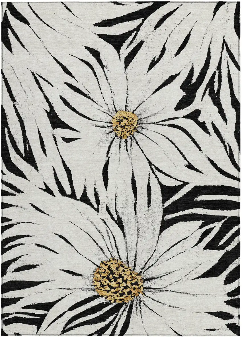 Black Ivory And Gold Floral Washable Indoor Outdoor Area Rug Photo 4