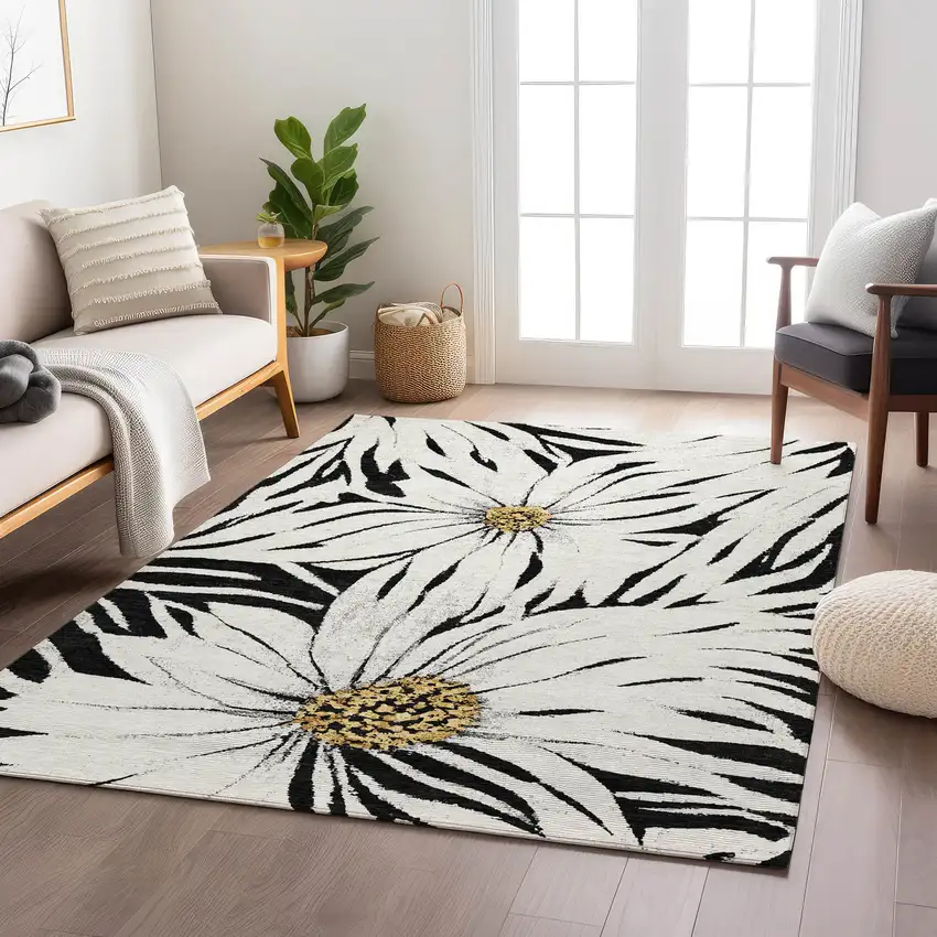 Black Ivory And Gold Floral Washable Indoor Outdoor Area Rug Photo 8