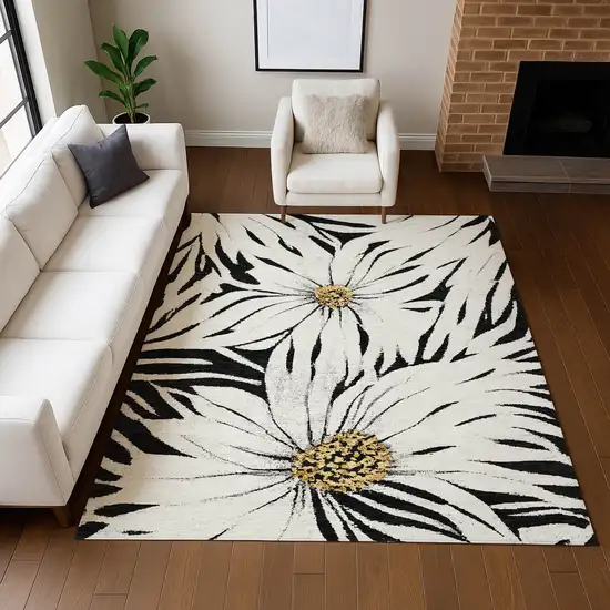 Black Ivory And Gold Floral Washable Indoor Outdoor Area Rug Photo 7