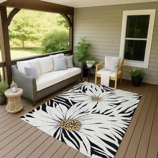 Black Ivory And Gold Floral Washable Indoor Outdoor Area Rug Photo 6