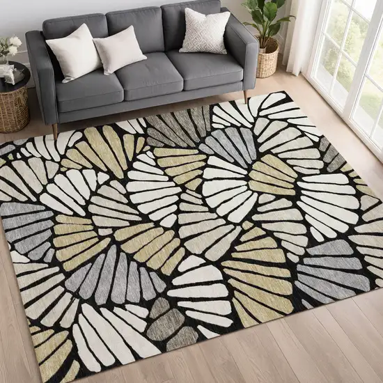 Black Ivory And Gold Floral Washable Indoor Outdoor Area Rug Photo 5