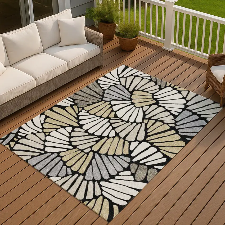 Black Ivory And Gold Floral Washable Indoor Outdoor Area Rug Photo 4