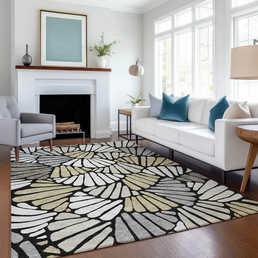 Black Ivory And Gold Floral Washable Indoor Outdoor Area Rug Photo 6