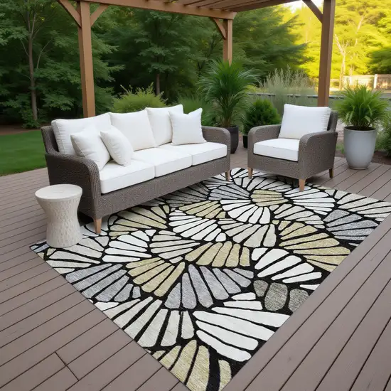 Black Ivory And Gold Floral Washable Indoor Outdoor Area Rug Photo 7