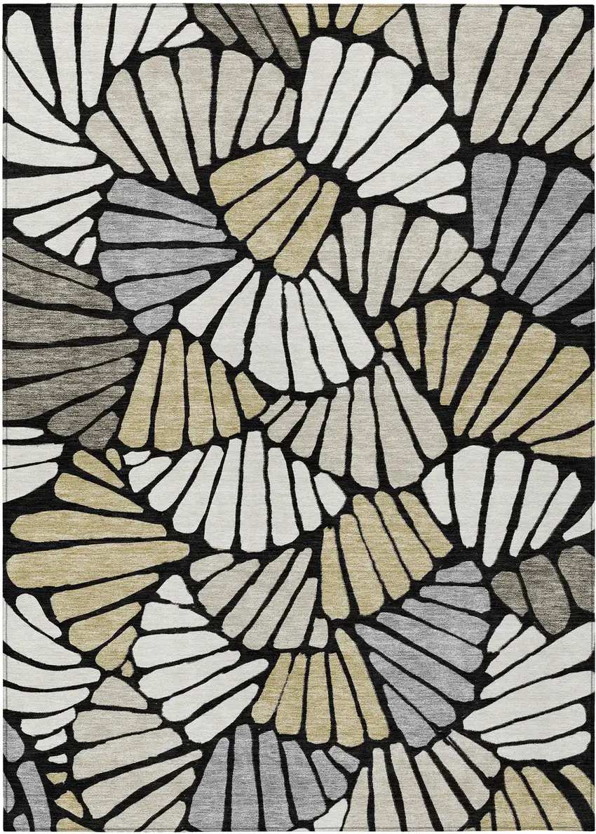 Black Ivory And Gold Floral Washable Indoor Outdoor Area Rug Photo 1