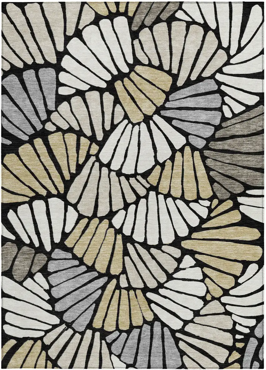 Black Ivory And Gold Floral Washable Indoor Outdoor Area Rug Photo 3