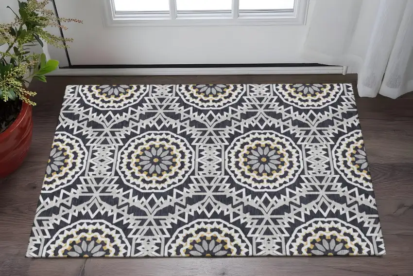 Black Ivory And Gold Geometric Washable Area Rug With UV Protection Photo 2