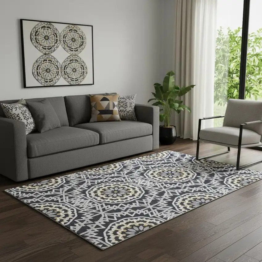 Black Ivory And Gold Geometric Washable Area Rug With UV Protection Photo 1