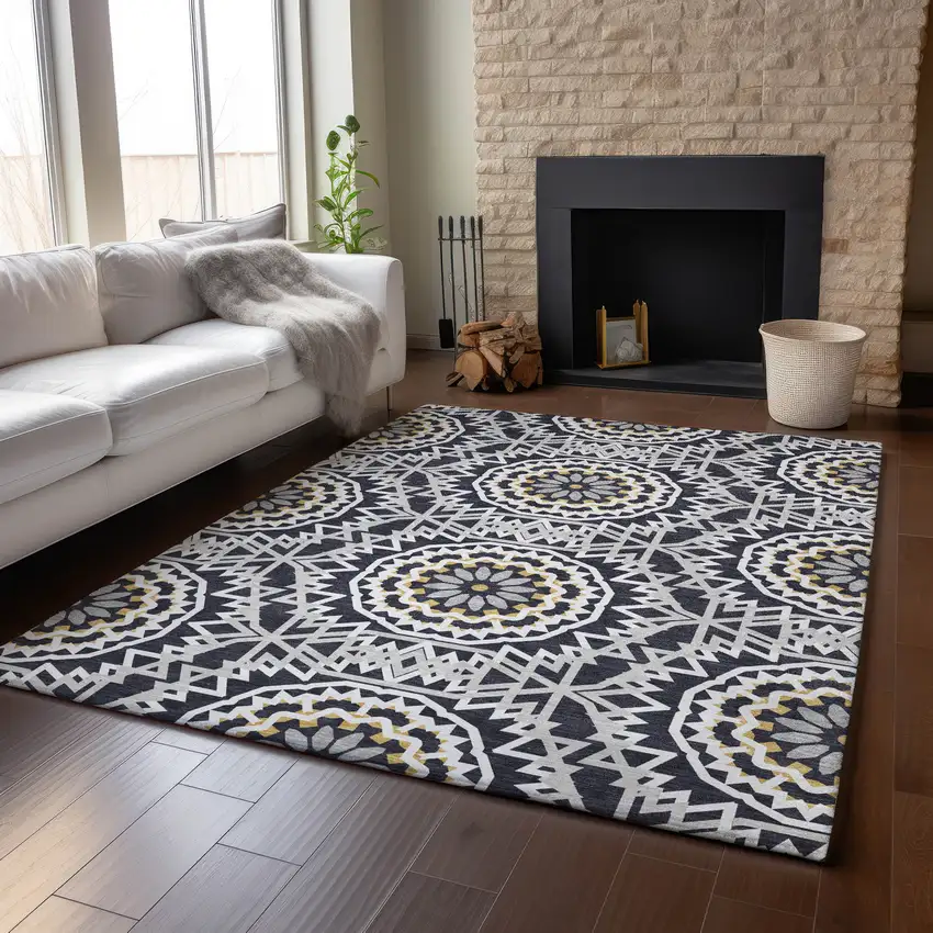 Black Ivory And Gold Geometric Washable Area Rug With UV Protection Photo 7