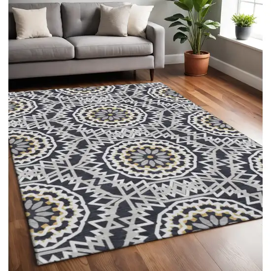 Black Ivory And Gold Geometric Washable Area Rug With UV Protection Photo 2