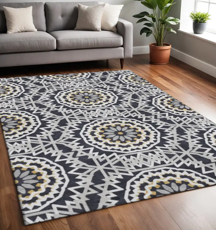 Black Ivory And Gold Geometric Washable Area Rug With UV Protection Photo 2