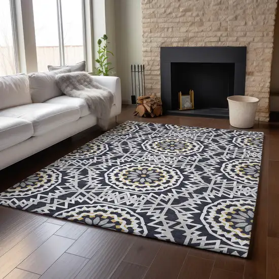 Black Ivory And Gold Geometric Washable Area Rug With UV Protection Photo 9