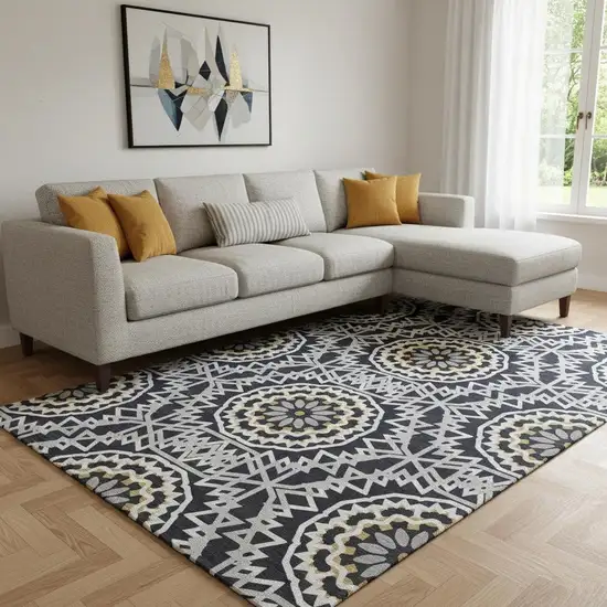 Black Ivory And Gold Geometric Washable Area Rug With UV Protection Photo 1