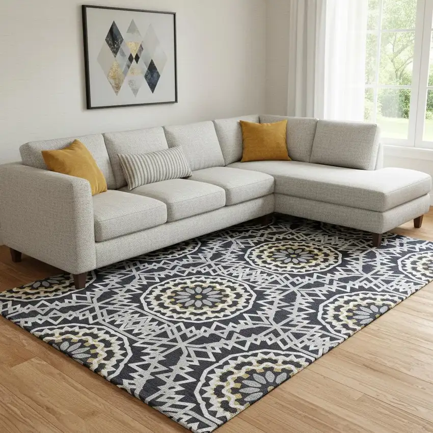 Black Ivory And Gold Geometric Washable Area Rug With UV Protection Photo 1